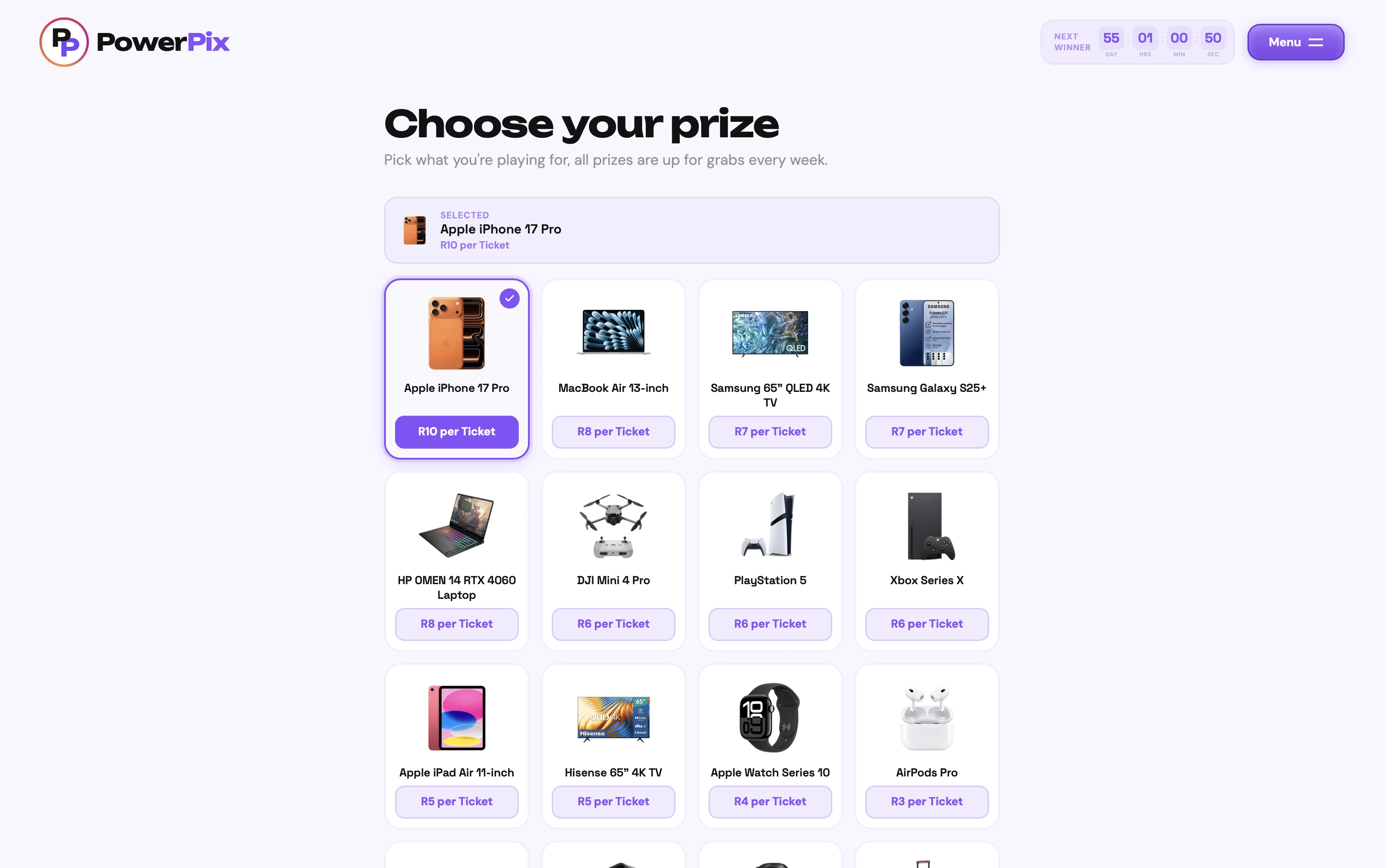 Prize selection screen